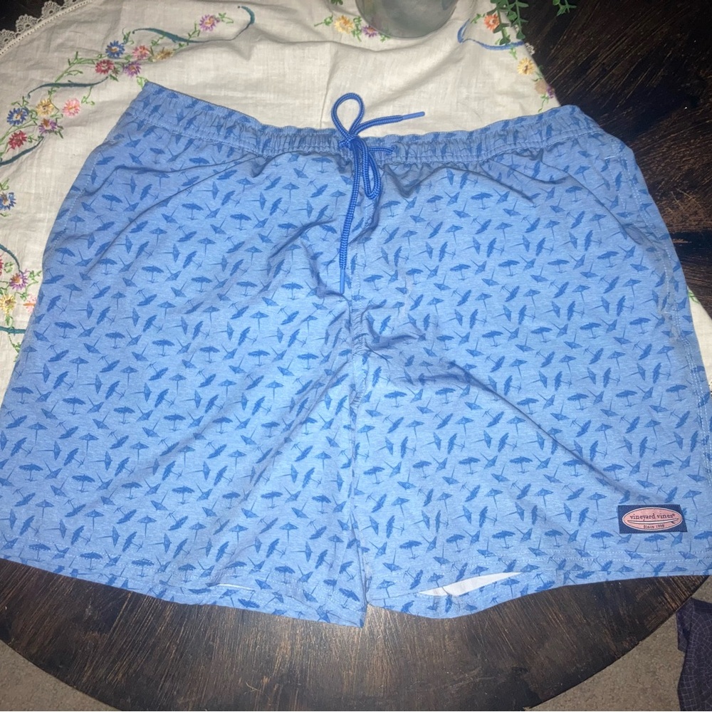 Vineyard Vines Blue Swim Trunks with Geometric umbrella  Pattern